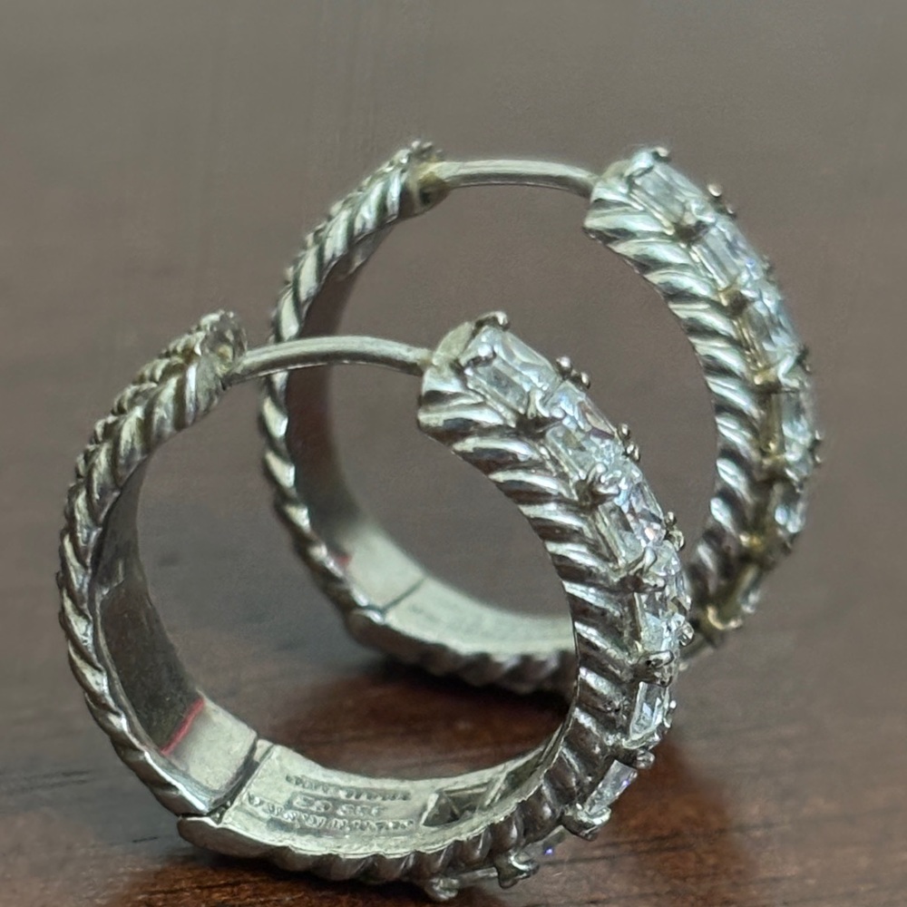 Judith Ripka Sterling Silver 925 Princess Cut Cubic Zirconia Hoop Earrings - Picture 2 of 7